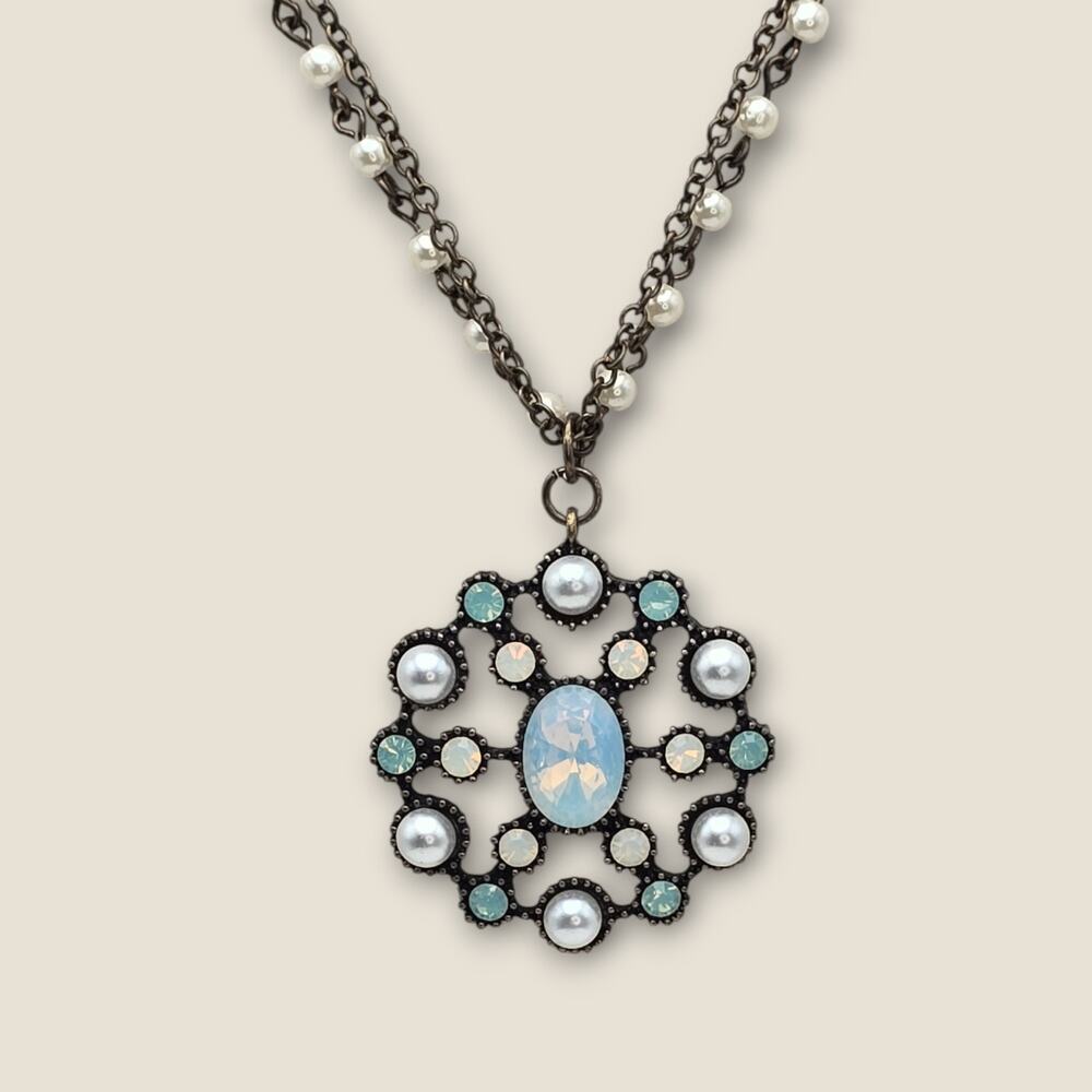 Cookie Lee Blue Opal Glass Pearl Medallion Necklace Dark Vintage Romantic